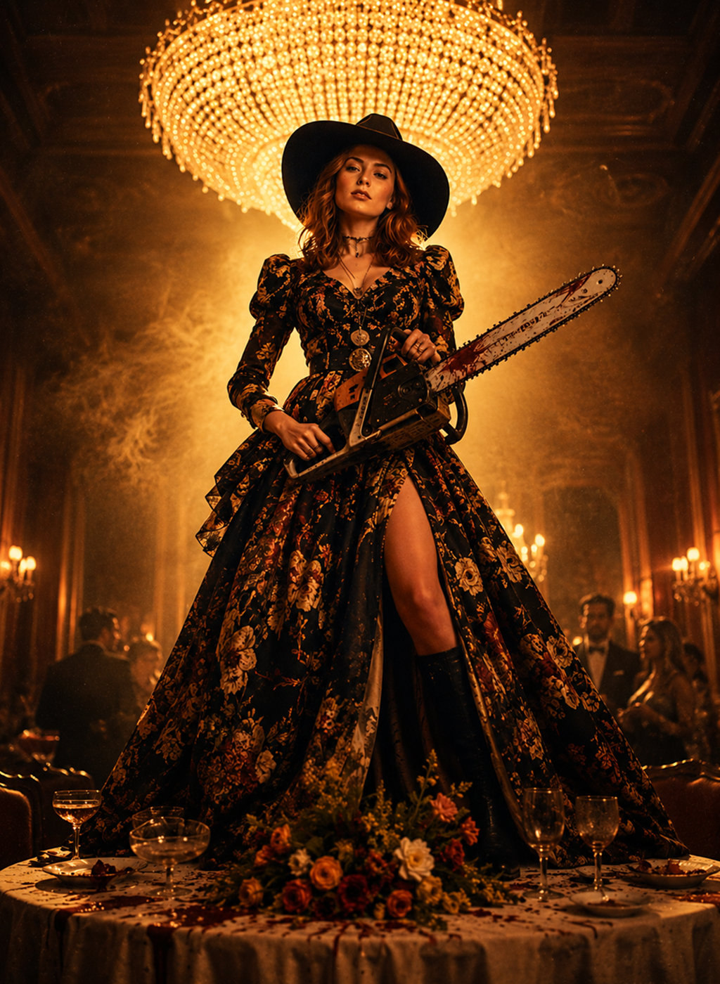 Cinematic Fashion Editorial Photography Prompt – Surreal Retro Ballroom Scene