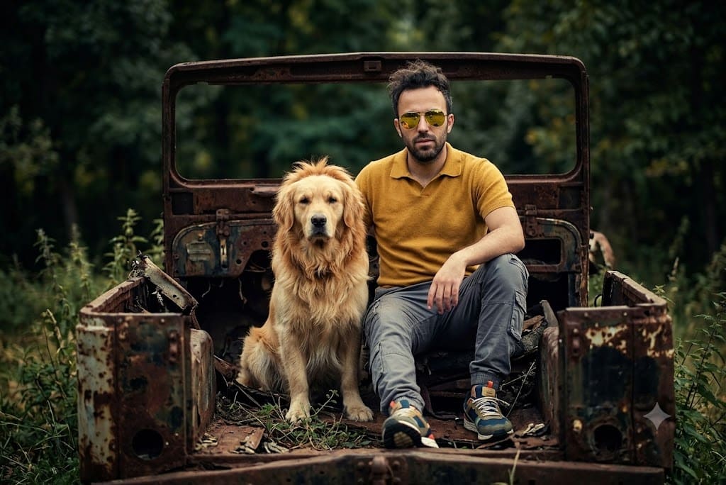 Golden Retriever Portrait AI Prompt | Cinematic Rustic Jeep Photography