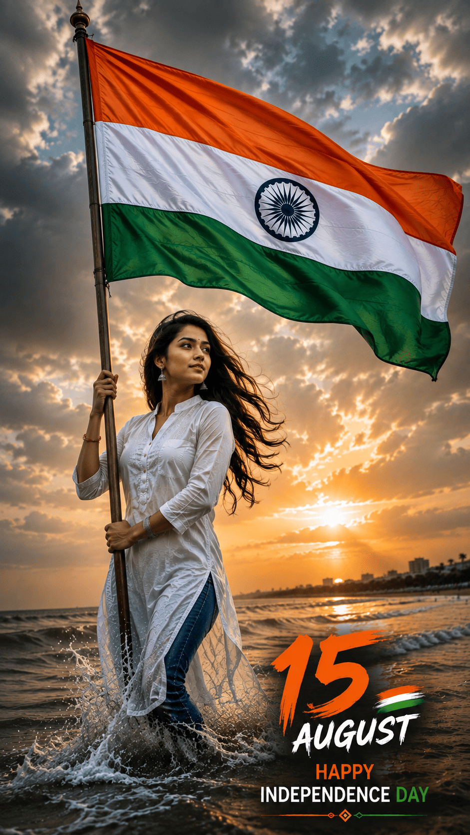 Indian Man & Woman Holding National Flag at Beach | Happy Independence Day 15 August Poster
