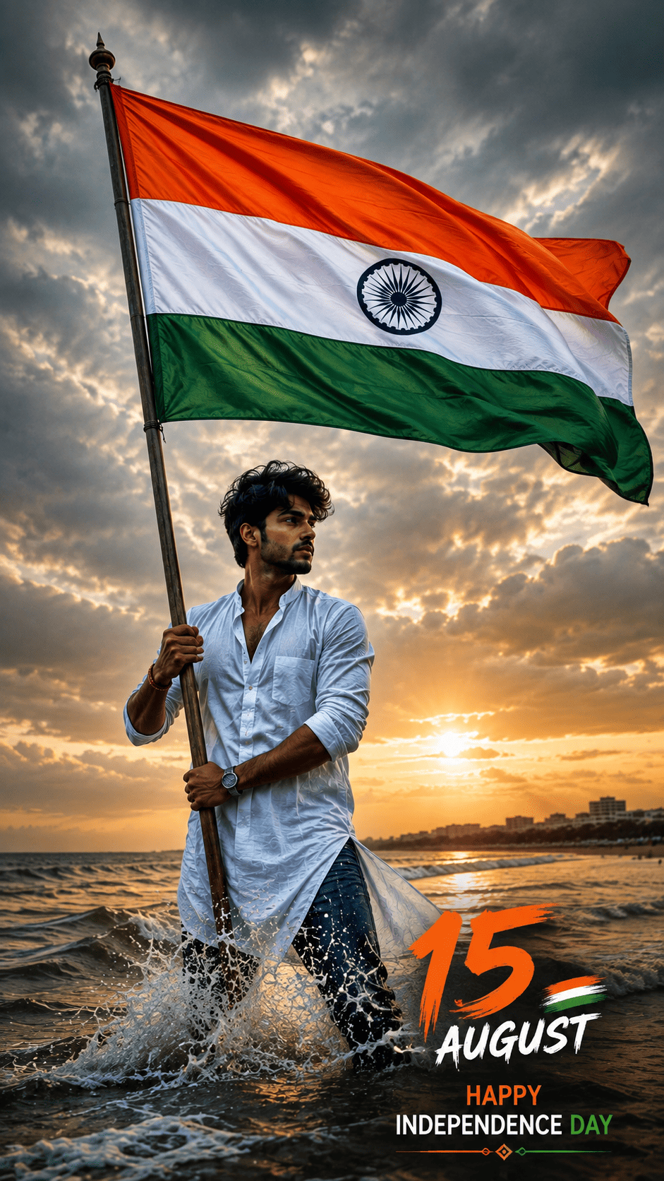 Indian Man & Woman Holding National Flag at Beach | Happy Independence Day 15 August Poster