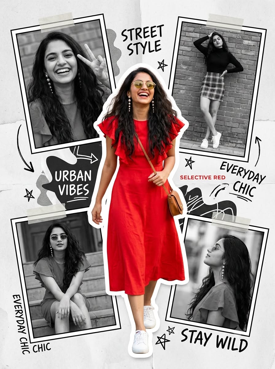 Indian Woman Fashion Collage Editorial AI Prompt Color Pop Red Dress
