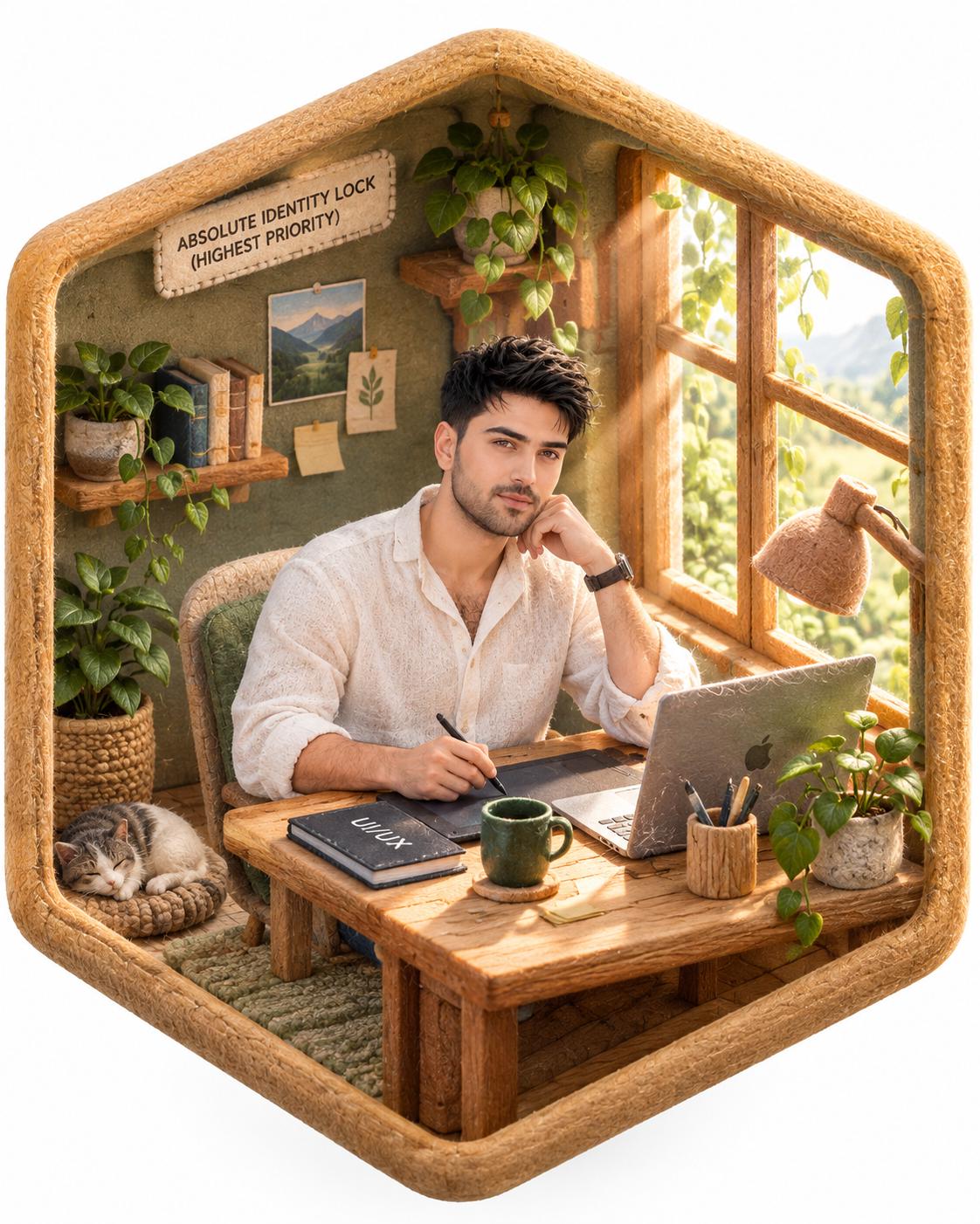 UI/UX Designer Isometric Diorama AI Image Prompt | 3D Felt-Craft Sunlit Workspace