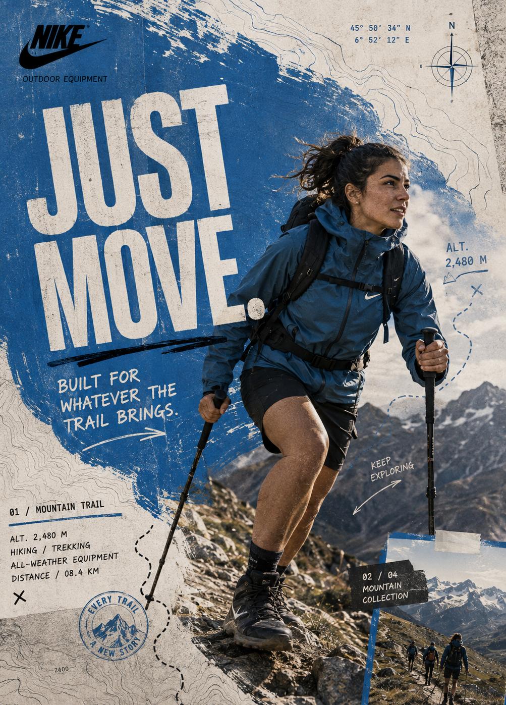 Nike outdoor adventure AI prompt | Hiking, mountain collage & dynamic poster