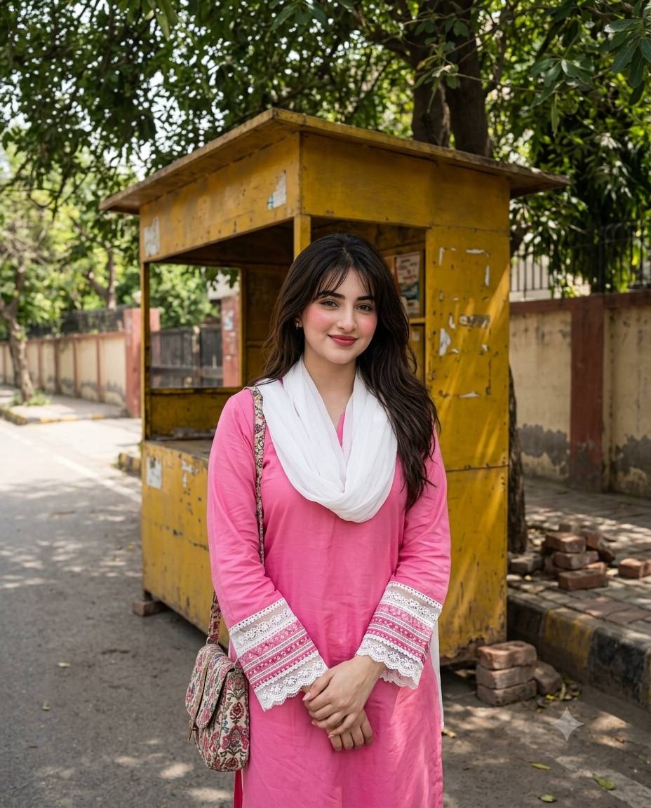 Pink kurta portrait AI prompt | Rustic yellow booth & Indian fashion