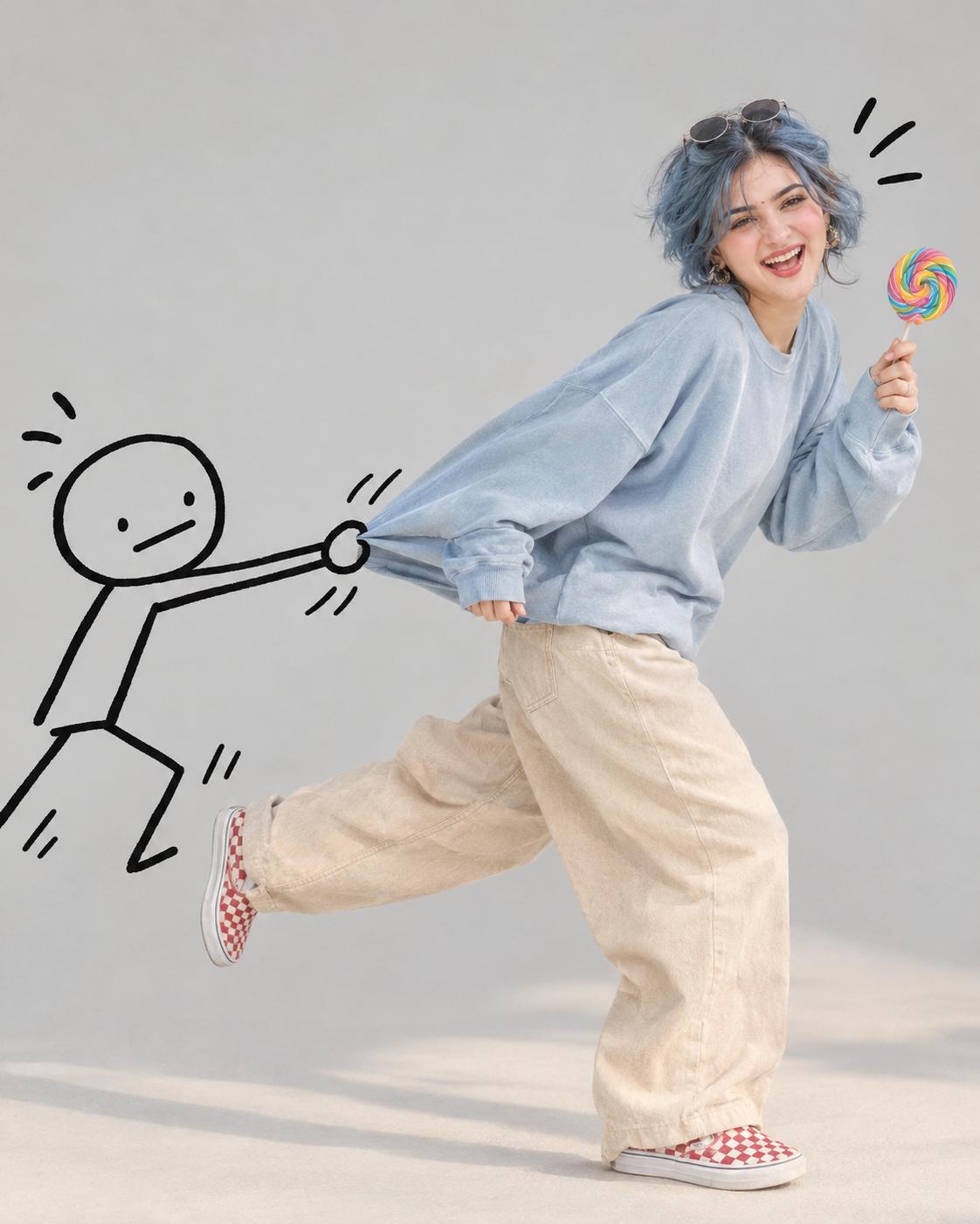 Laughing Woman Editorial Portrait AI Image Prompt | Rainbow Lollipop & Playful Doodle Style