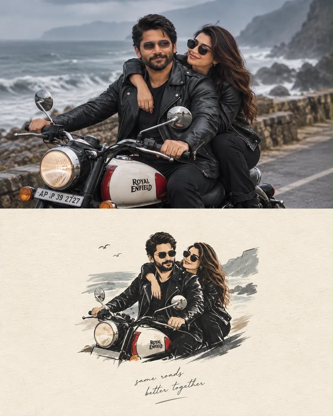 Royal Enfield Couple Cinematic AI Prompt Handmade-Paper Illustration-Bottom