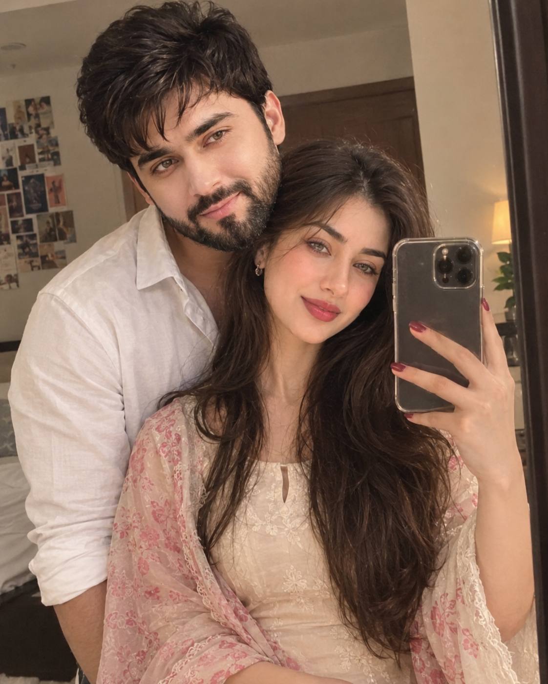 Couple mirror selfie AI prompt | Cozy bedroom & candid 9:16 portrait