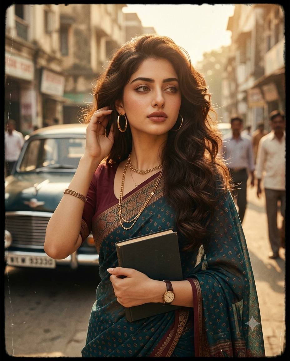 1980s Bollywood saree portrait AI prompt | Cinematic South Asian woman