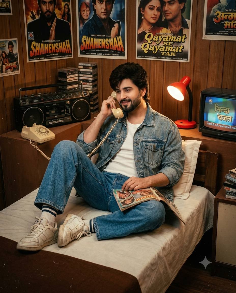 1980s Bollywood bedroom portrait AI prompt | Retro phone and denim jacket