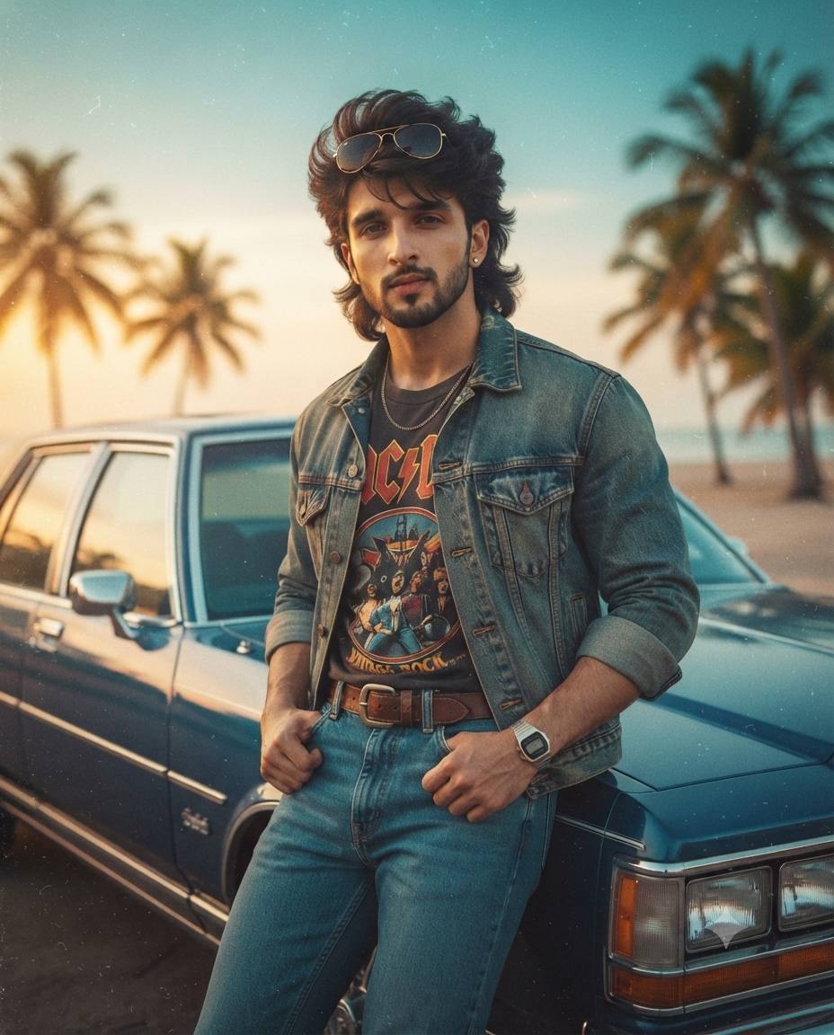 1980s Indian retro portrait AI prompt | Cinematic vintage film aesthetic