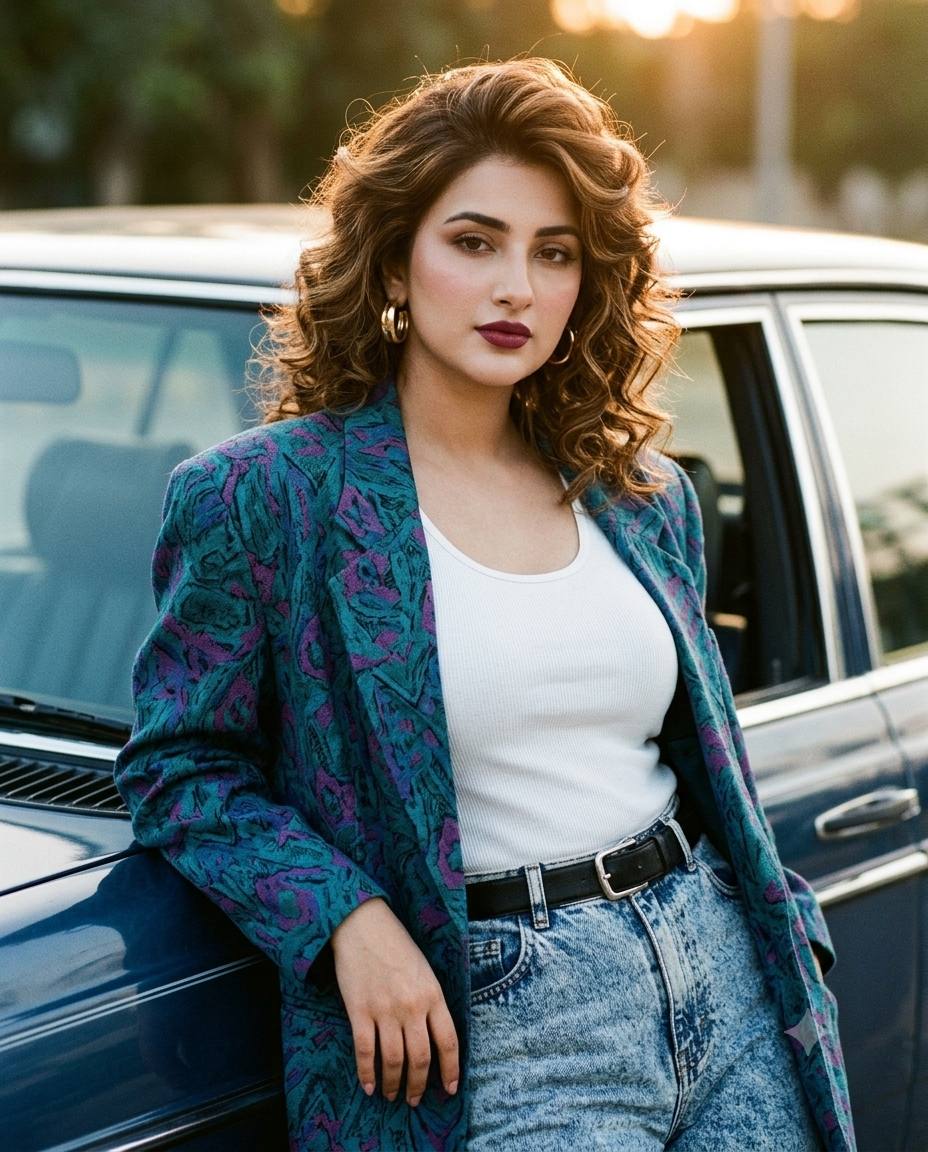 1980s Indian retro glamour portrait AI prompt | Vintage car, bold fashion and 35mm film