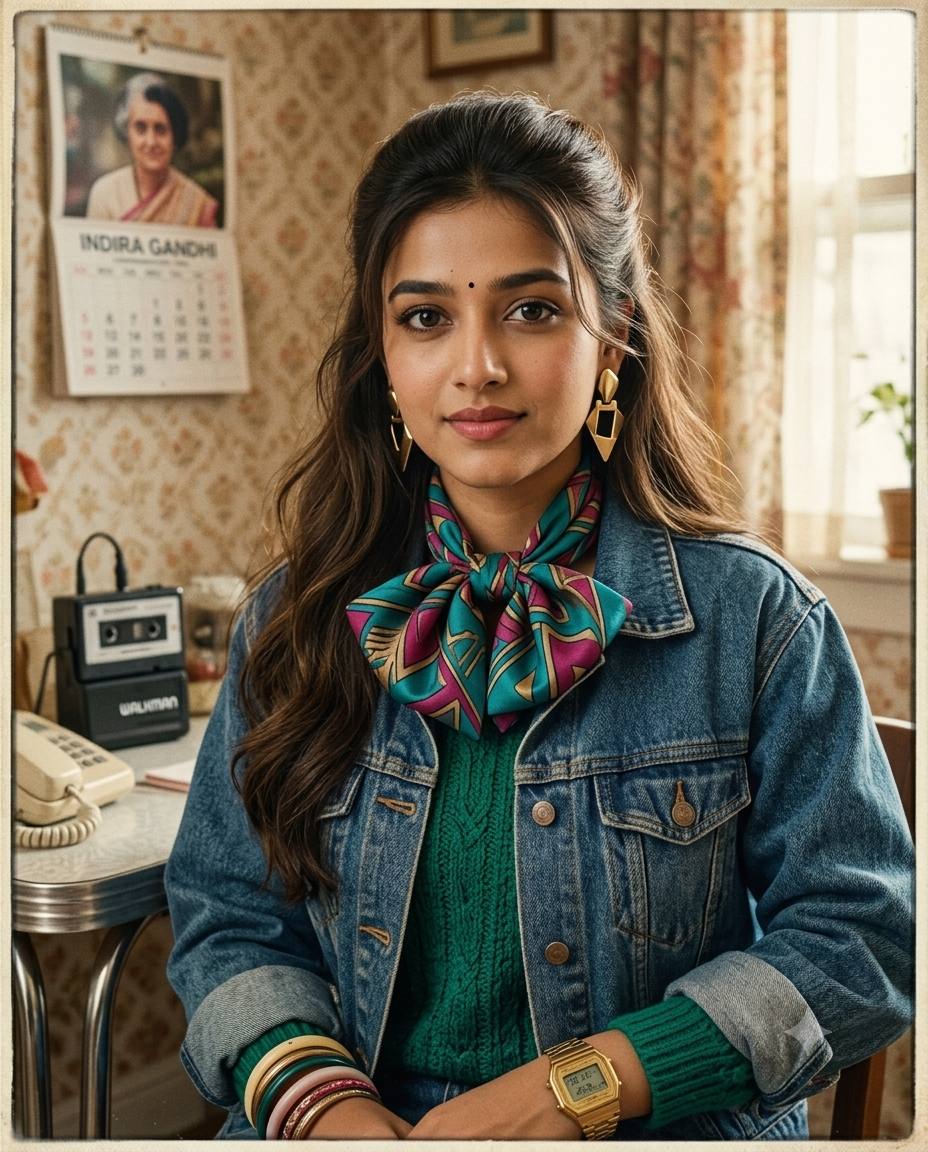 1980s version of myself AI prompt | Authentic retro scarf and vintage fashion