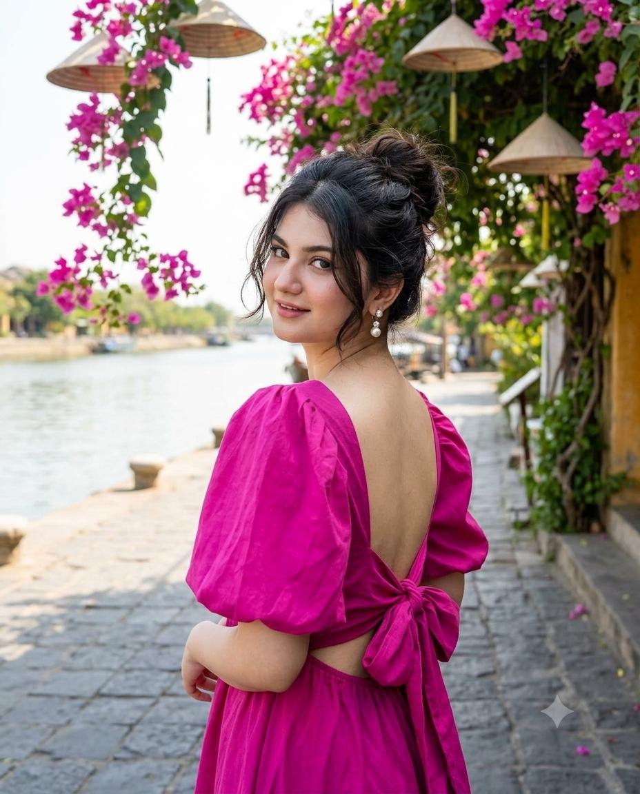 Pink Dress Bougainvillea Travel AI Image Prompt for Gemini