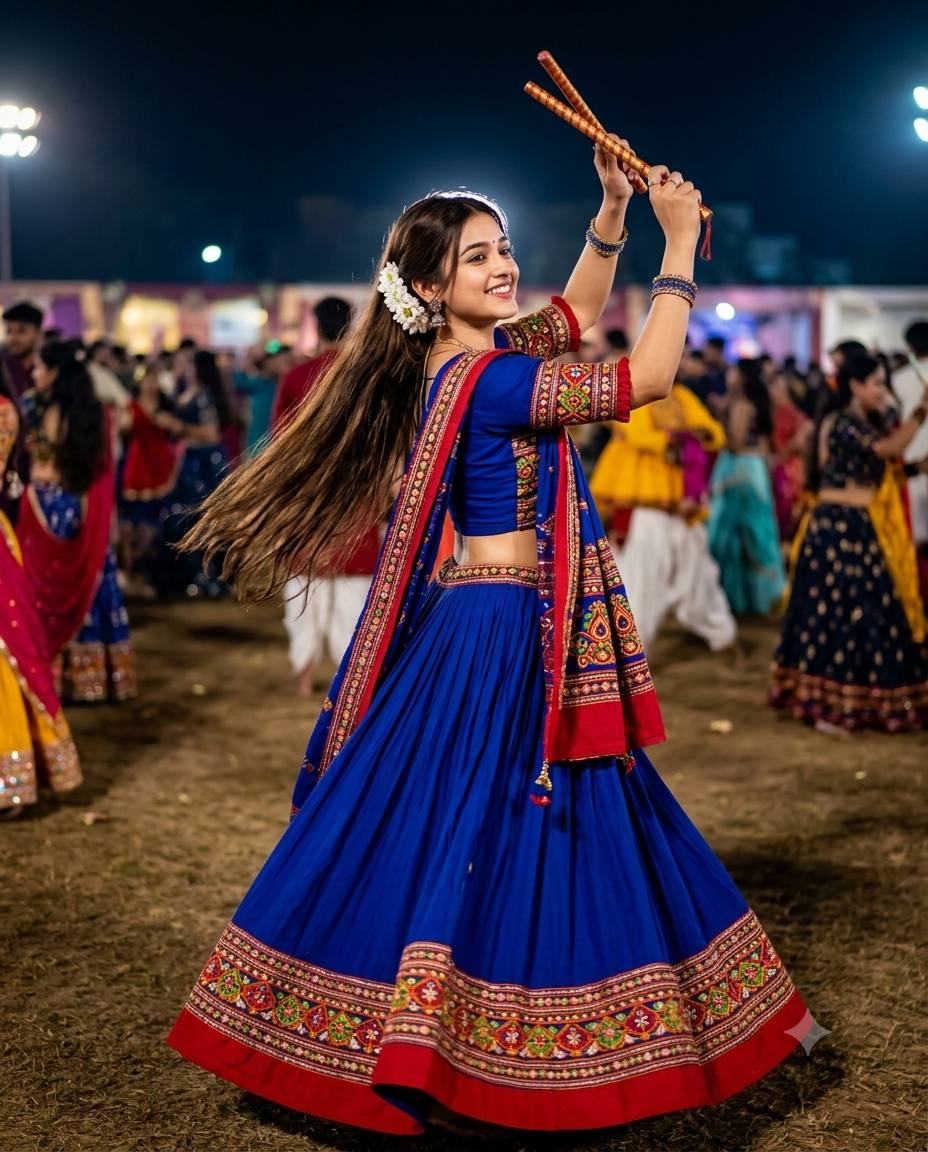 Gujarati Garba AI prompt | Blue lehenga, dandiya sticks & festive night