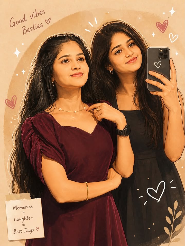 Aesthetic Best Friends Mirror Selfie AI Prompt | Cute Cartoon Illustration Poster