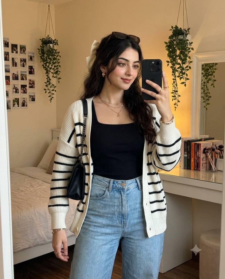 Aesthetic mirror selfie AI prompt | Black top, striped cardigan and wide-leg jeans