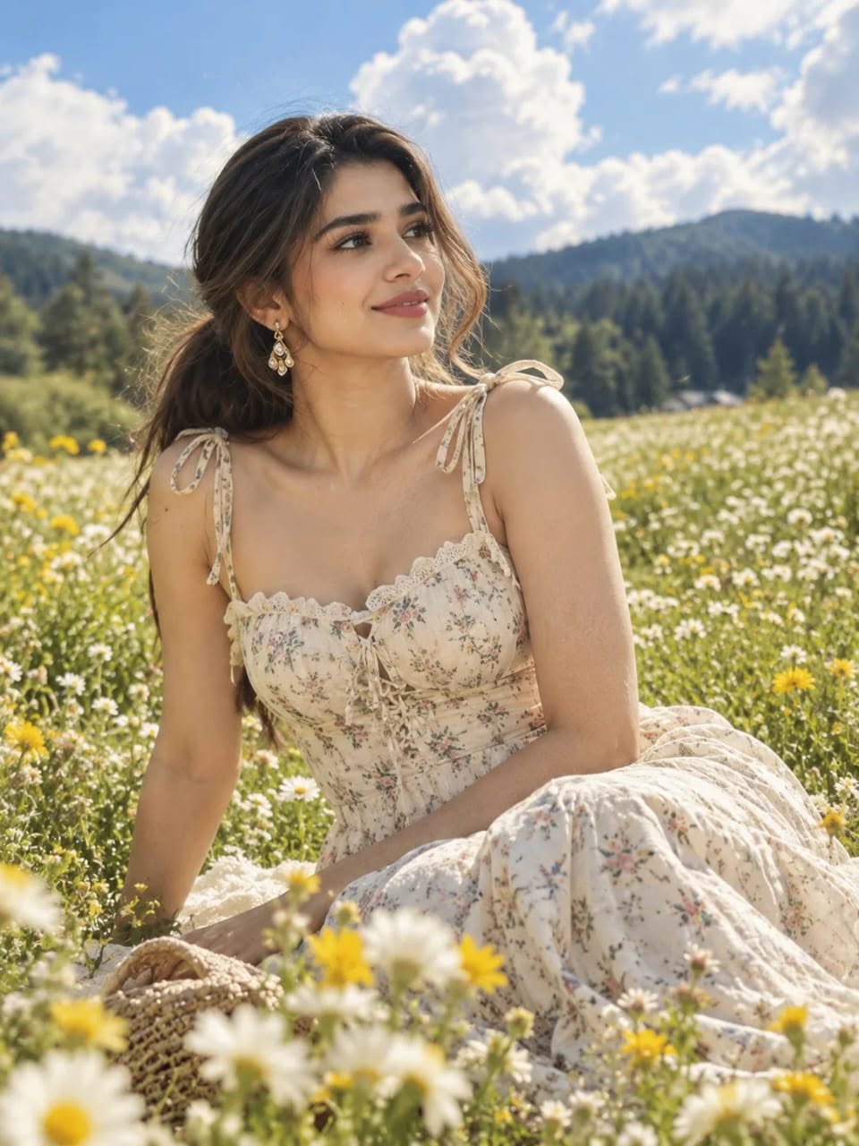Asian Woman Wildflower Meadow Portrait Photorealistic AI Prompt Vogue Editorial