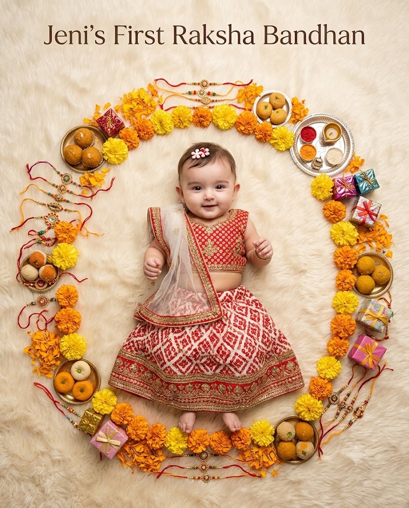 Baby’s First Raksha Bandhan Photoshoot AI Prompt | Adorable Traditional Indian Baby Portrait
