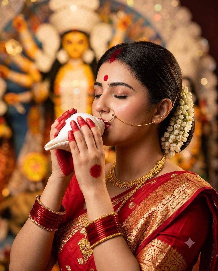 Bengali conch shell AI prompt | Red silk saree, gold zari & jasmine gajra