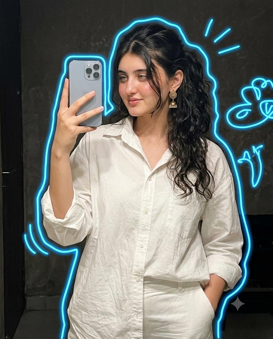 Cute Girl Neon Mirror Selfie AI Image Prompt | Blue Glow & Oversized White Outfit