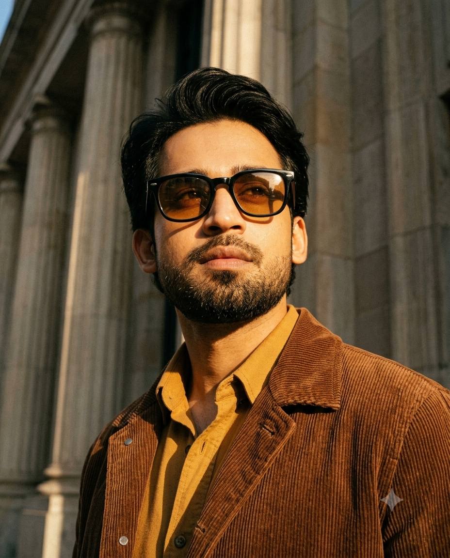 Brown corduroy portrait AI prompt | Amber sunglasses & classical architecture