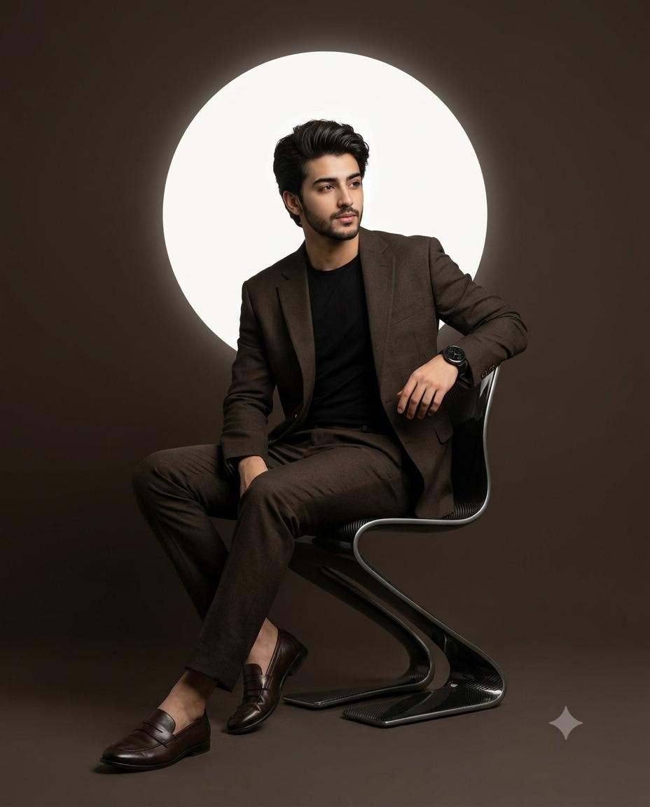 Young Man Brown Suit Portrait AI Image Prompt | Cinematic Studio & Futuristic Designer Chair