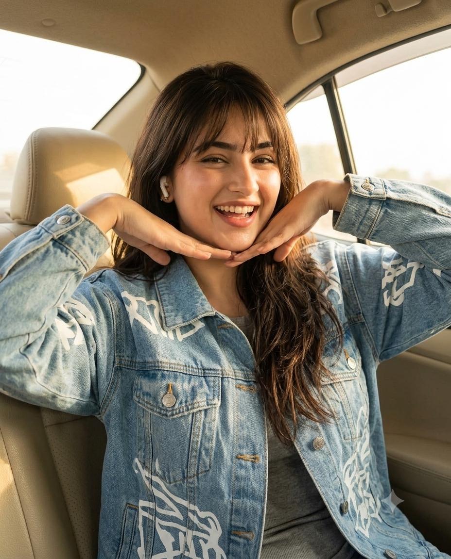 Woman Car Interior Portrait AI Image Prompt | Light Blue Denim Jacket & Warm Sunlight