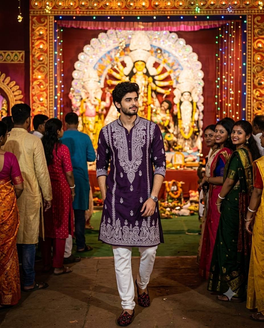 Durga Puja night portrait AI prompt | Purple kurta & colorful pandal lights