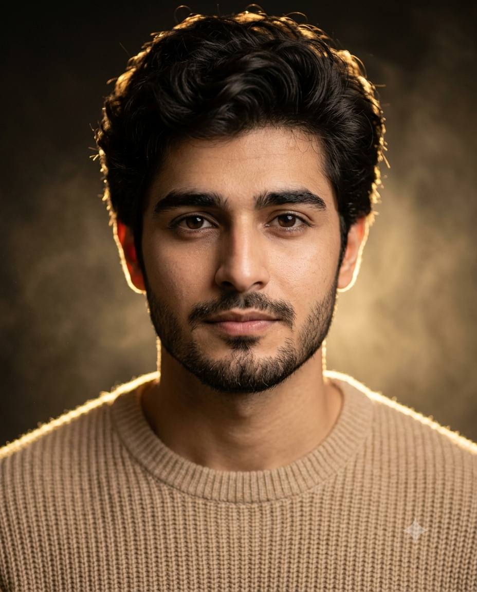 Golden hour man portrait AI prompt | Beige knit sweater & detailed beard