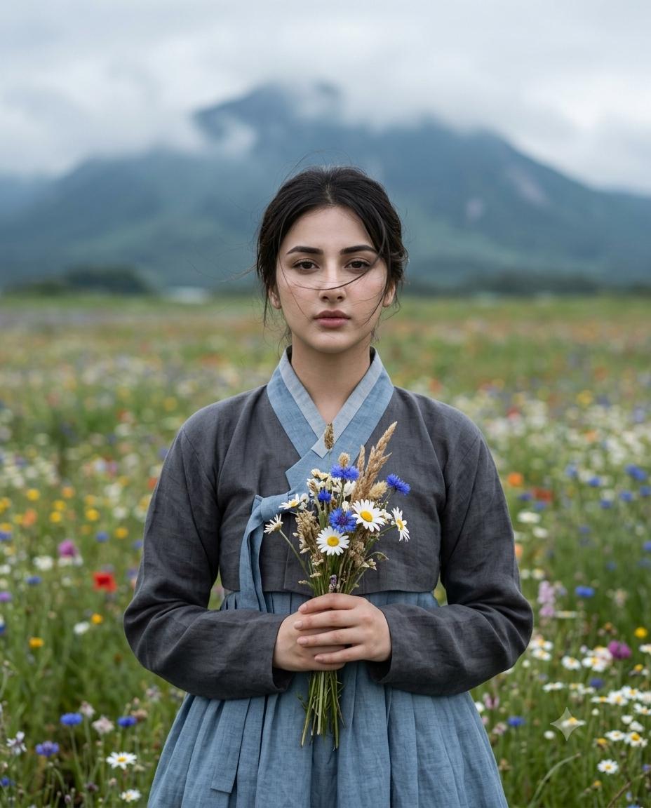 East Asian Woman Hanbok Portrait AI Image Prompt | Wildflower Meadow & Misty Mountain Fine Art