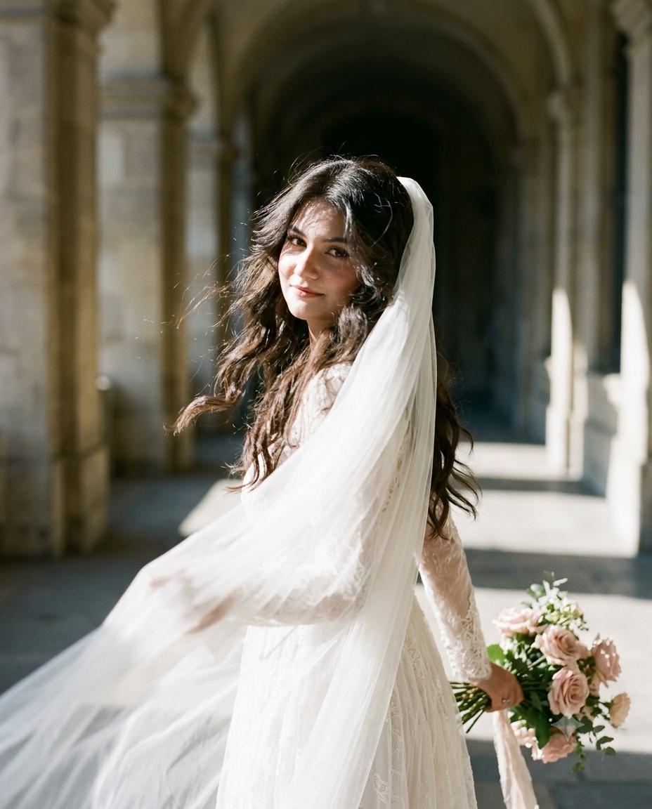 Korean Bridal Wedding Portrait AI Image Prompt | European Corridor & Kodak Portra 160