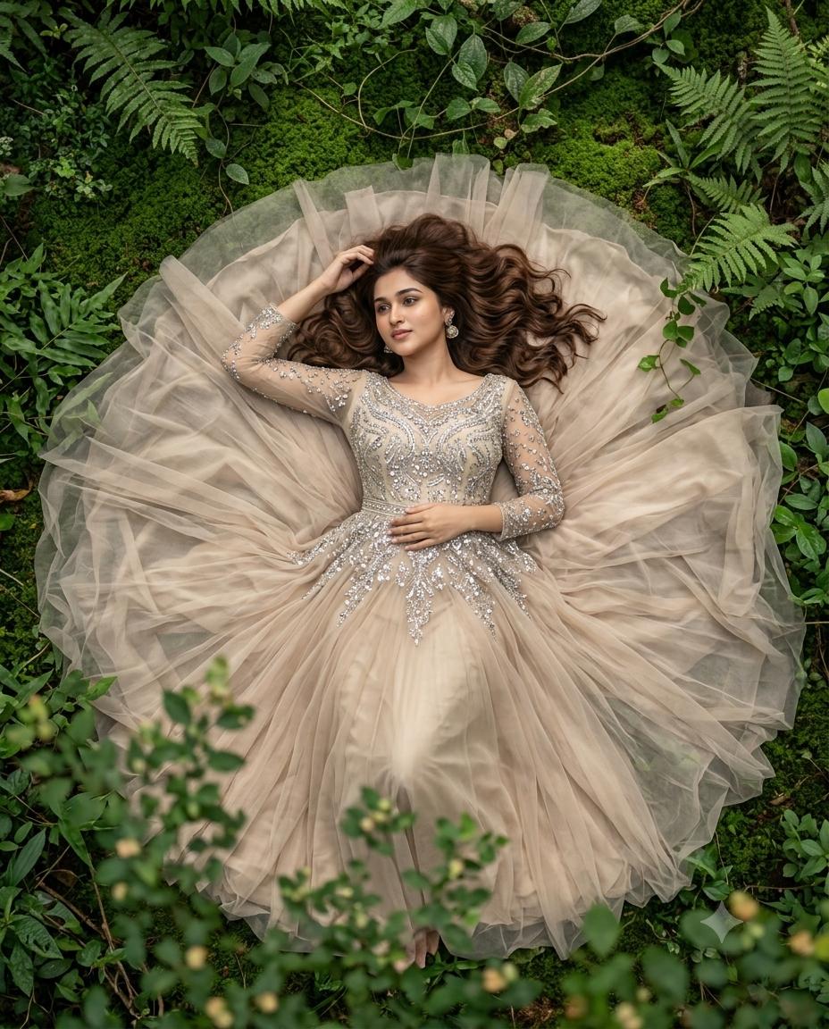 Ivory Embellished Gown Woman Forest Portrait AI Image Prompt | Overhead Cinematic View