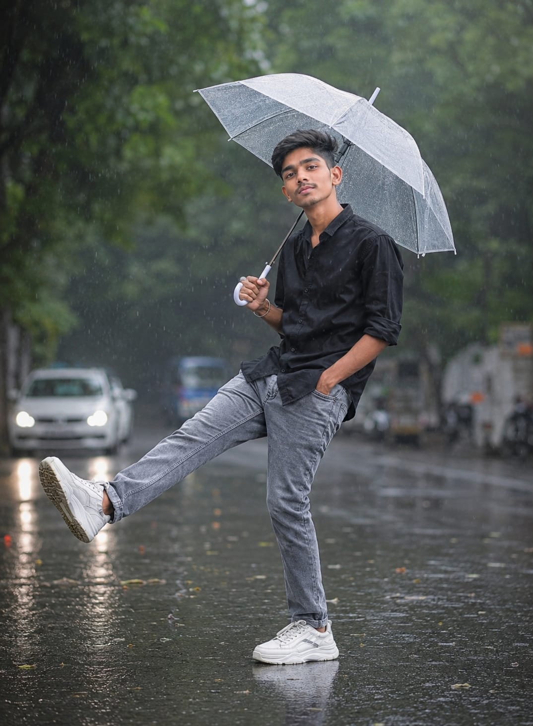 Cinematic Rainy Street Portrait AI Prompt | Ultra-Realistic Monsoon Photography