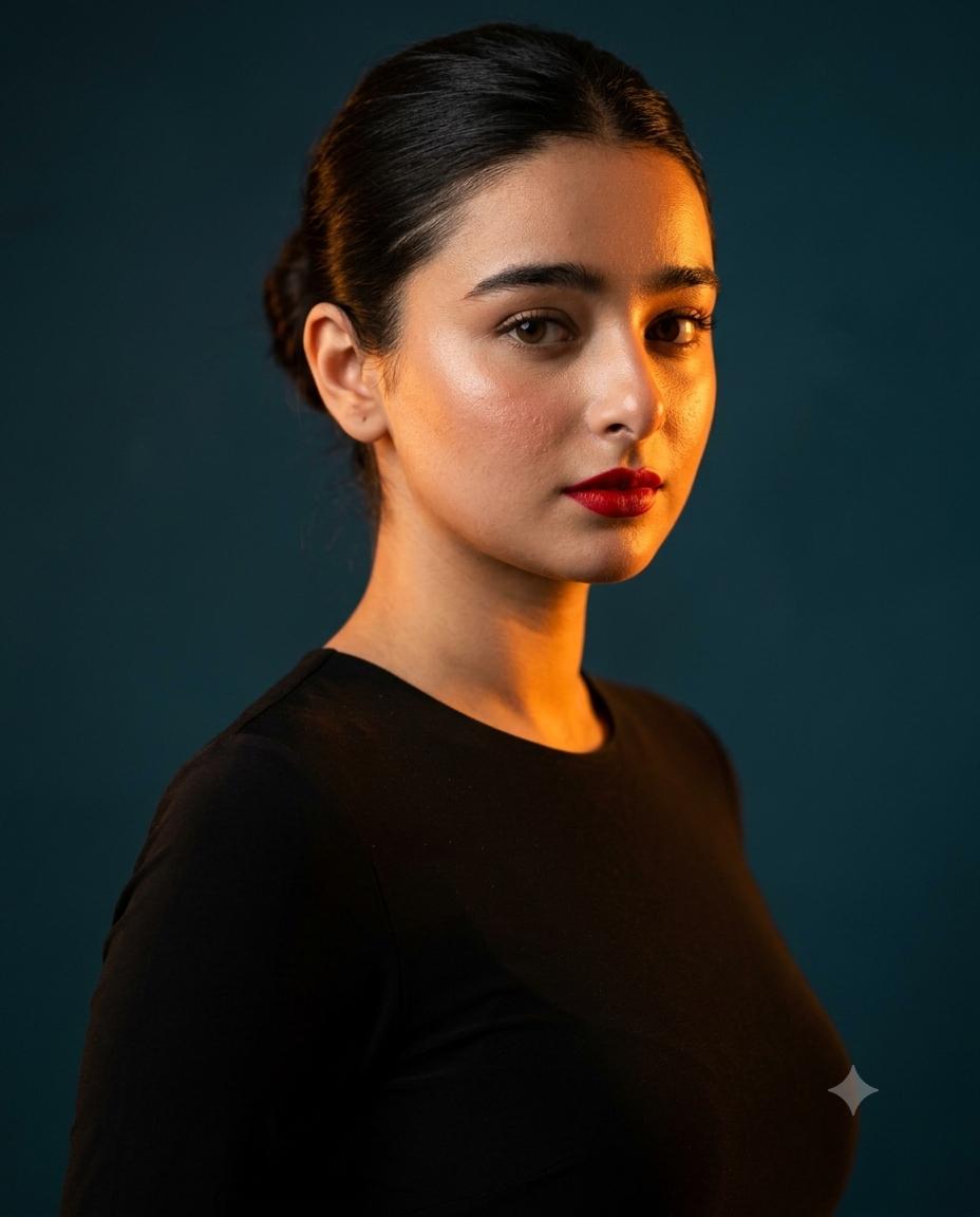 Woman Teal Gold Studio Portrait AI Image Prompt for Gemini