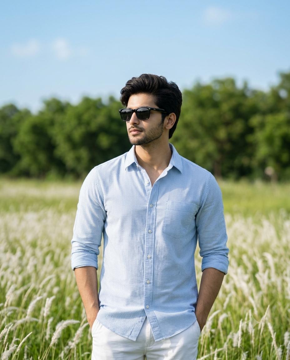 Cinematic Young Man White Grass Field Portrait AI Prompt | Blue Striped Shirt & 85mm