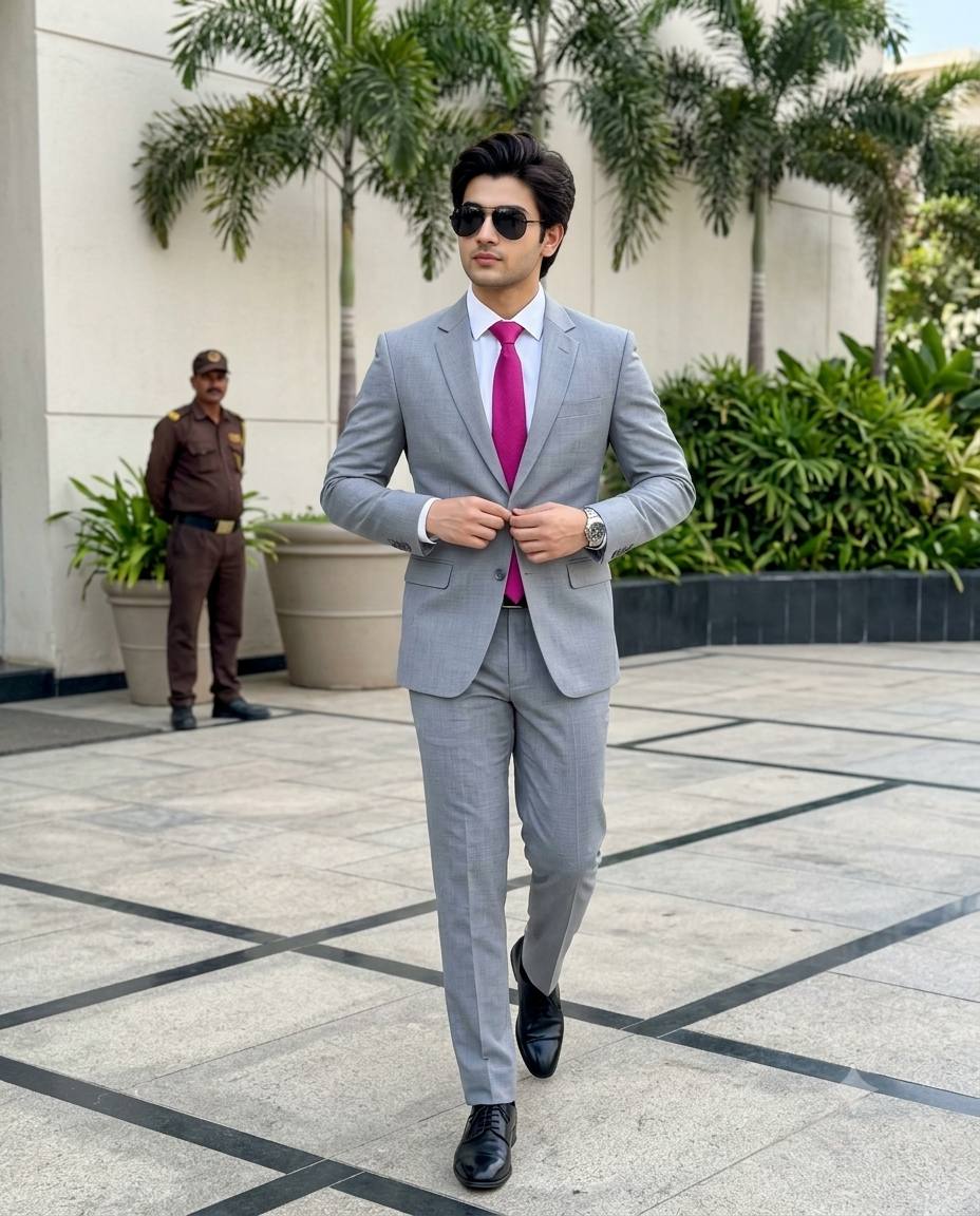 Businessman walking portrait AI prompt | Grey suit, pink tie & aviators