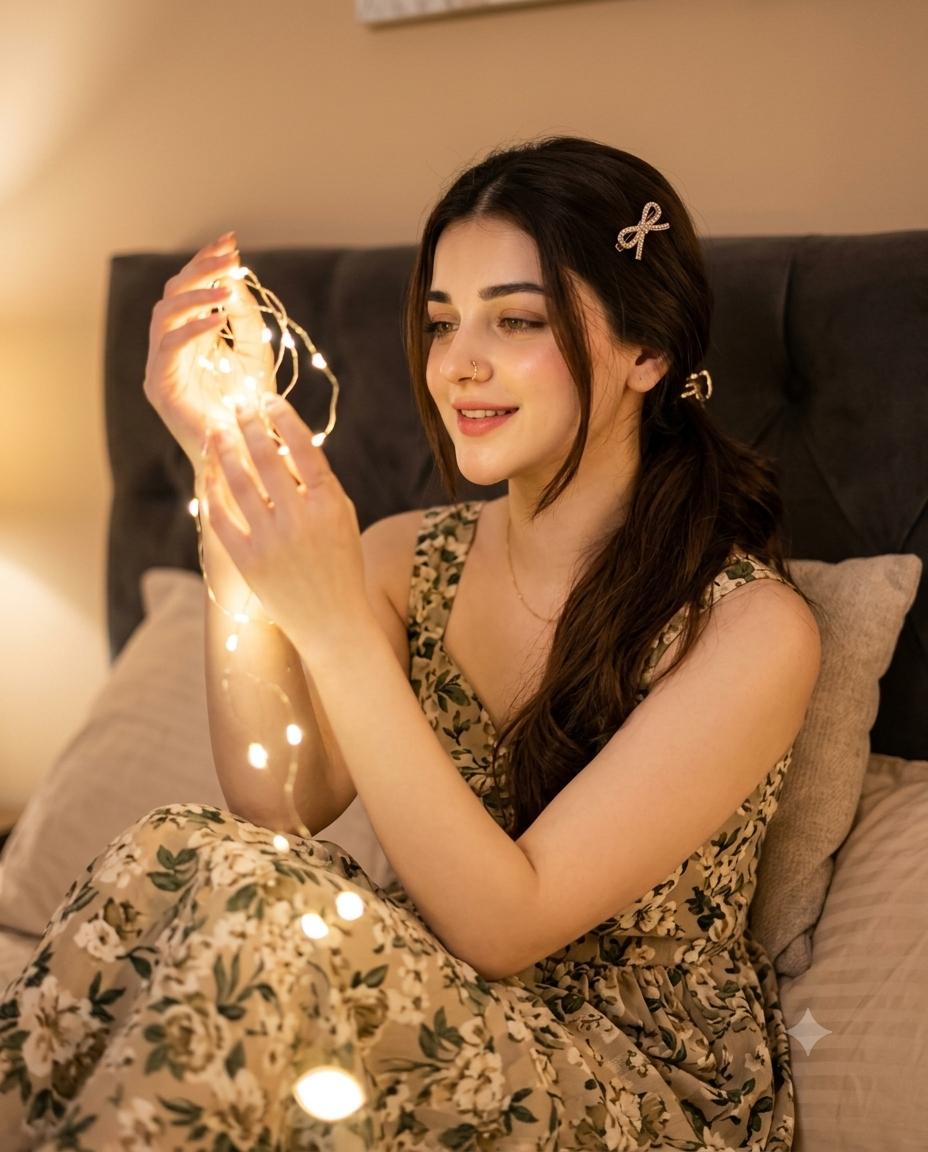 Woman Bedroom Fairy Light Portrait AI Image Prompt | Floral Dress & Warm Evening Glow