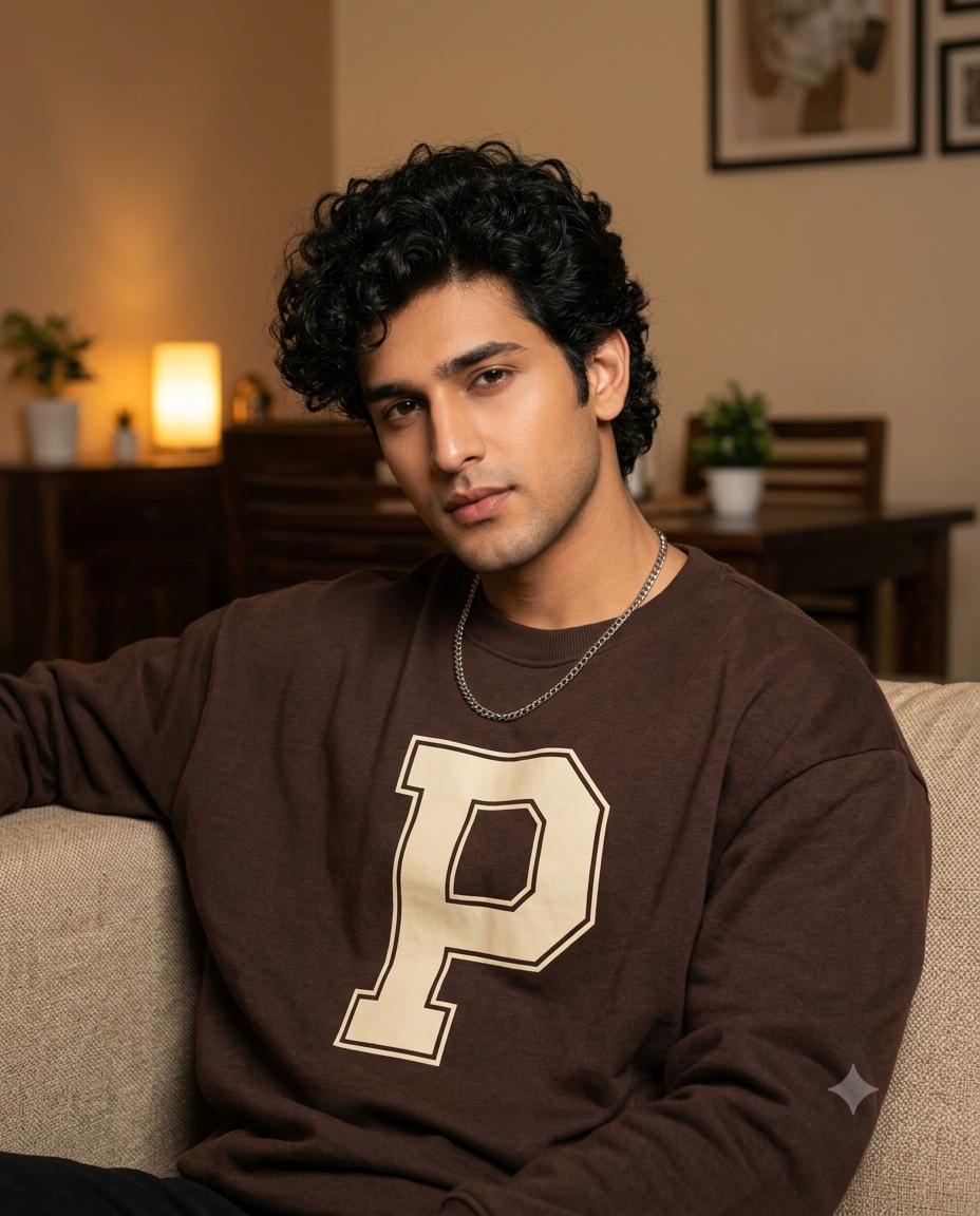 Young Man Vintage Portrait AI Image Prompt | Brown Varsity Sweatshirt & Curly Hair