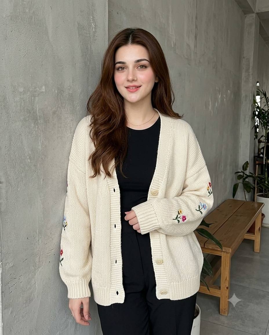 Cream floral cardigan portrait AI prompt | Black outfit & concrete wall