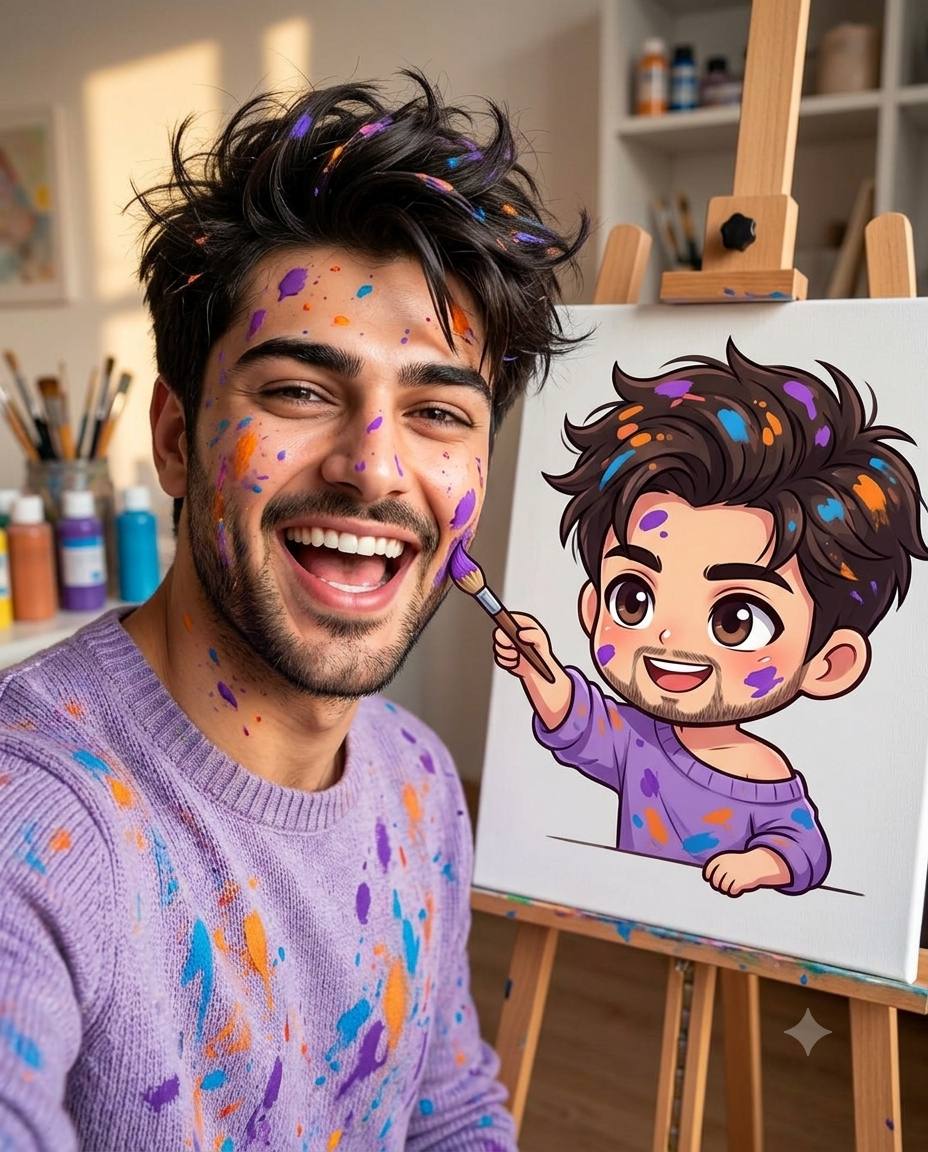 Chibi selfie AI prompt | Colorful AI art studio portrait