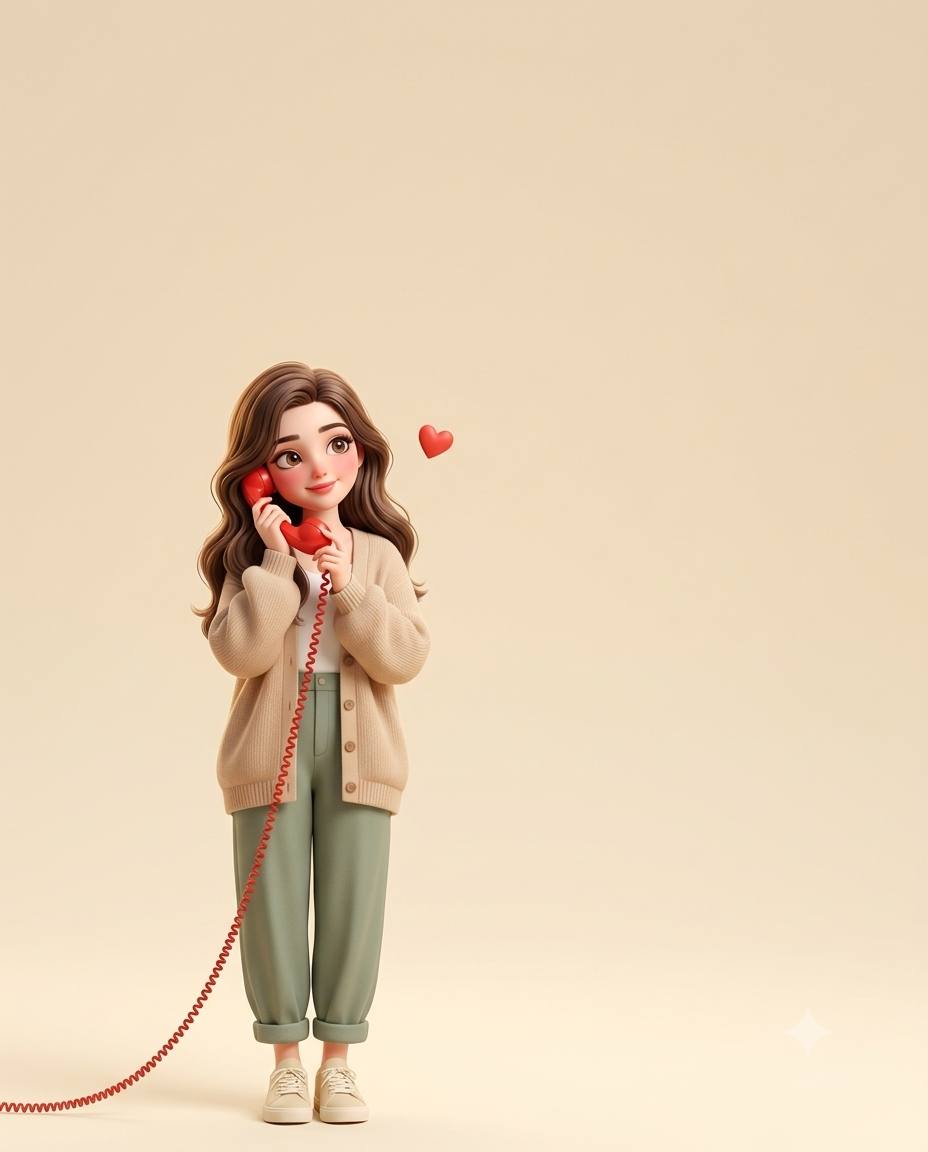 Cute 3D Animated Woman Illustration – Beige Knit Cardigan, Vintage Red Telephone & Minimalist Background | AI Prompt