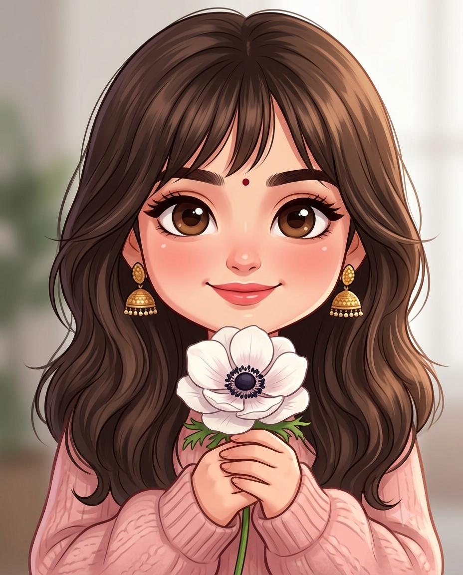Chibi Indian Girl Portrait Cute AI Image Prompt – Pink Sweater & Gold Jhumka Aesthetic
