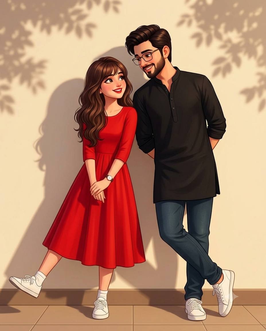 Indian couple 3D illustration AI prompt | Playful poses & golden-hour romance