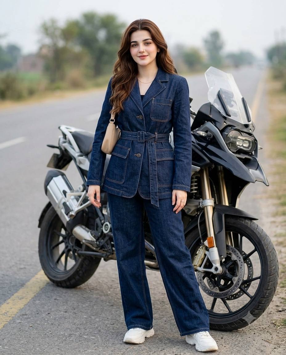 Indigo denim co-ord AI prompt | Structured blazer, wide-leg jeans & motorcycle