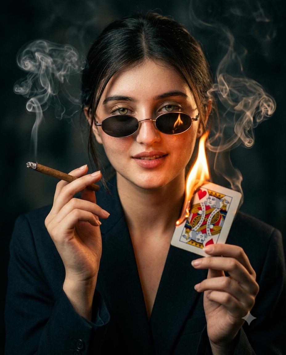 Woman with Burning King of Hearts Card Ai Image Prompt | Cinematic Fire & Smoke AI Portrait