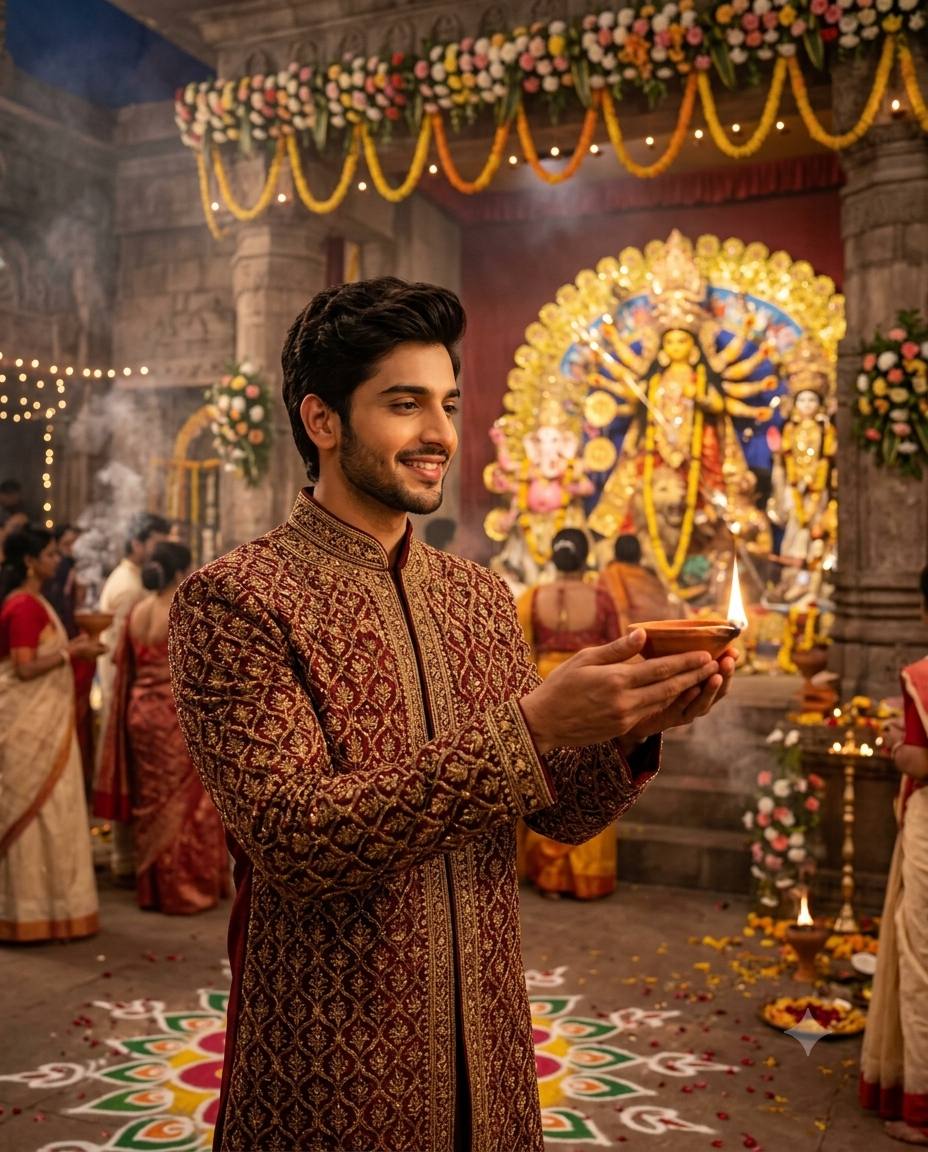 Devotional man portrait AI prompt | Traditional outfit, Maa Durga & glowing diya