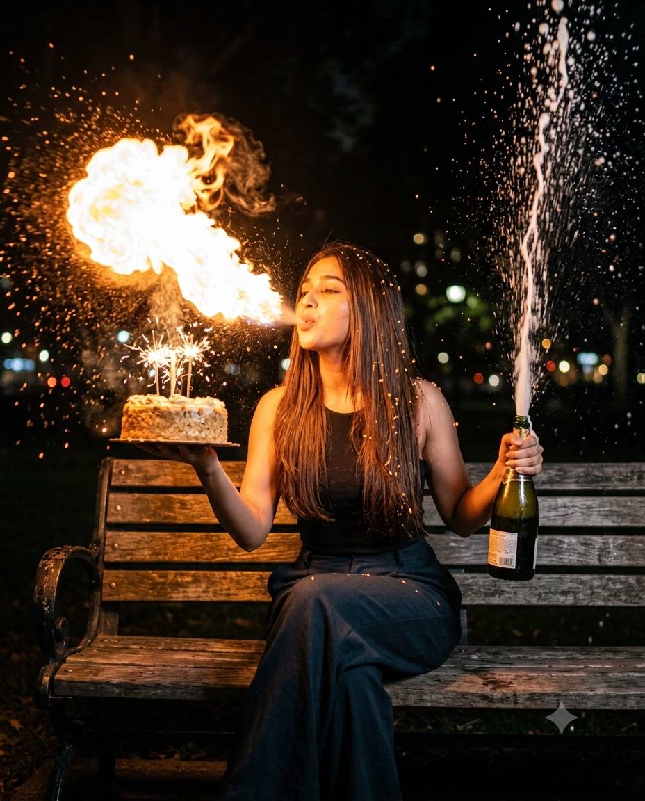 Birthday fire-breathing portrait AI prompt | Cake, flames & champagne spray