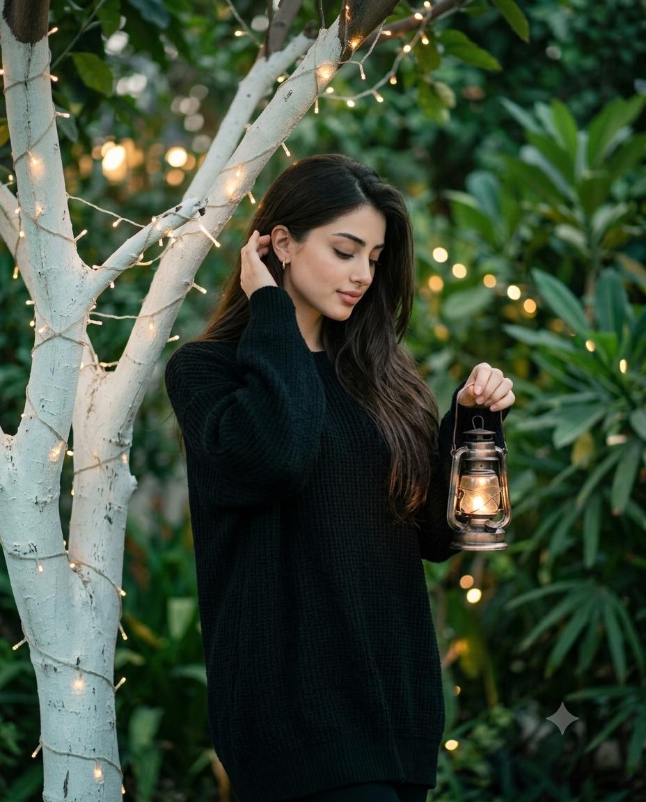 Woman Fairy Light Garden Portrait AI Image Prompt | Vintage Lantern & Cinematic Evening Glow