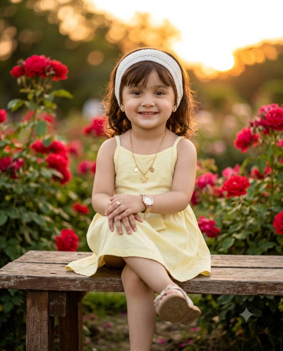 Golden hour Baby girl AI prompt | Yellow sundress, crochet headband & rose garden
