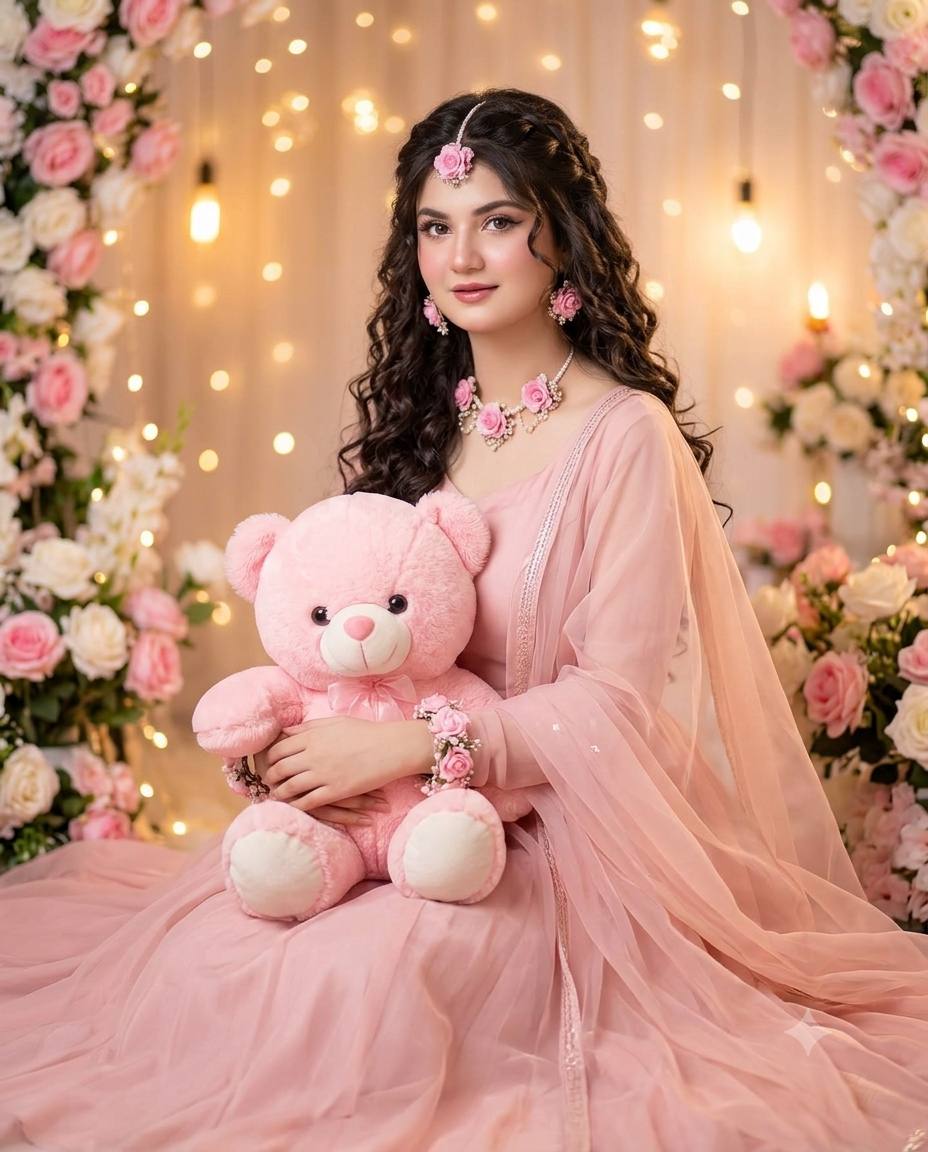 Dreamy Princess Portrait AI Prompt: Pastel Pink Gown, Floral Jewelry, Teddy Bear & Fairy Lights
